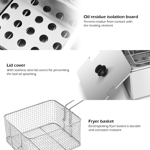 Costway Commercial Deep Fryer, 3400W Electric Countertop Fryer with Dual Large Tanks, 2 Baskets & 2 Lids, Stainless Steel Hot Oil Cooker with
