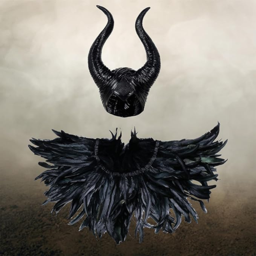 PRIME MADE  Womens Feather Halloween Witch Costume, Long Horns Headpiece And Crow Costume Feather Cape Shawl. In Black