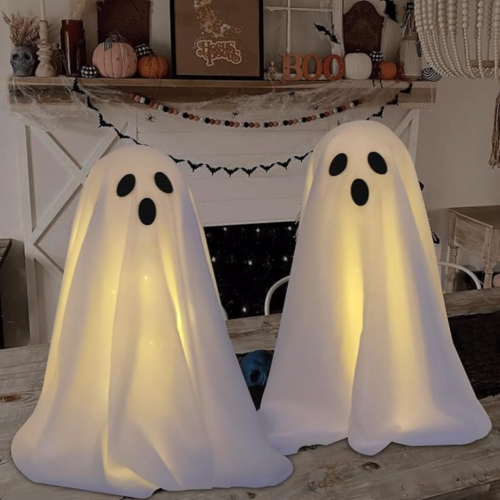 PRIME MADE  2 Packs Halloween Decorations, Spooky Ghost Halloween Decor \w String Lights Battery Operated, Easy to Assemble Ghost Halloween