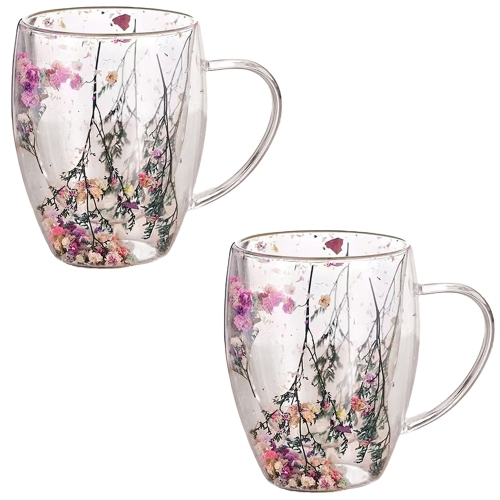 JS GOURMET  - Set Of 2 Double Wall Glass Mugs With Dried Flowers, 350Ml Capacity