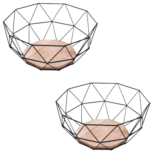 JESSAR  - Set Of 2 Powder Coated Steel Fruit Baskets With Bamboo Base In Black