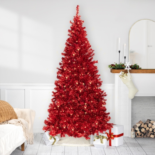 NORTHLIGHT  Pre-Lit Artificial Tinsel Christmas Tree - 9' - - Clear Lights In Red