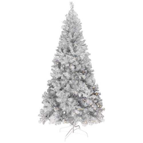 Pre-Lit Artificial Tinsel Christmas Tree - Silver - 7' - Clear Lights