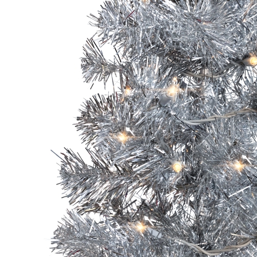 Pre-Lit Artificial Tinsel Christmas Tree - Silver - 7' - Clear Lights