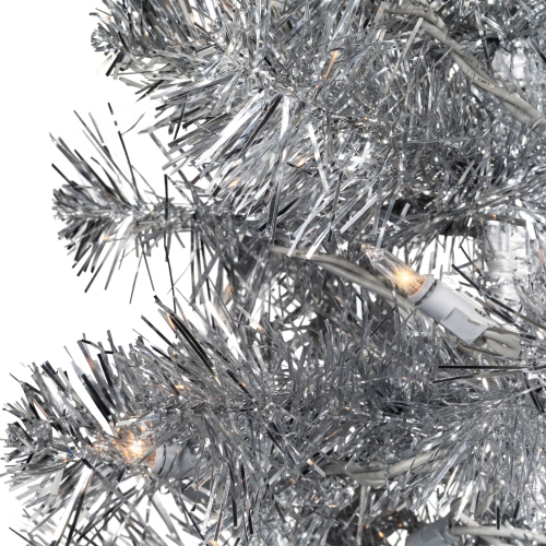 Pre-Lit Artificial Tinsel Christmas Tree - Silver - 7' - Clear Lights