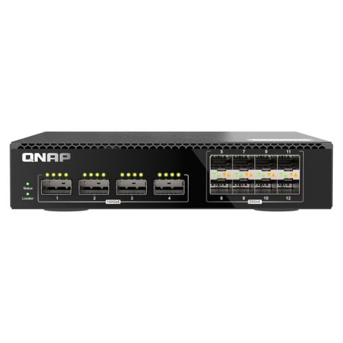 QNAP – Commutateur géré à 12 ports 100 GbE demi-largeur de couche 2 monté sur bâti avec quatre ports QSFP28 100 GbE et huit ports SFP28 25 GbE