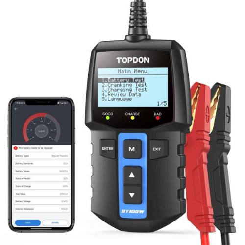 Testeur de batterie 100&nbsp;W de Topdon. Analysez l'état de santé, l'état de charge et l'intensité de démarrage à froid de la batterie.