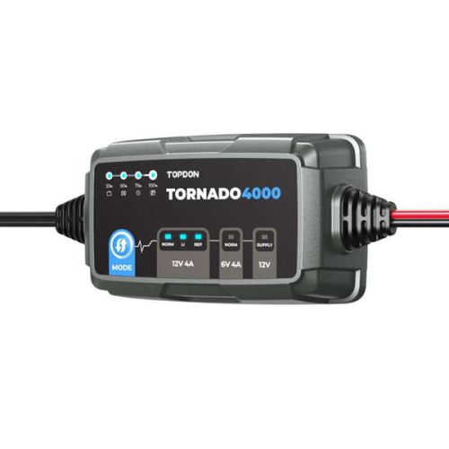 Topdon Tornado 4000C 4A battery charger, battery maintainer, trickle charger, battery desulfator, and DC power supply