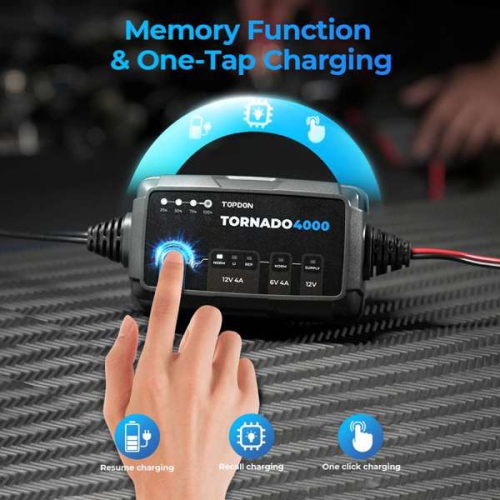 Topdon Tornado 4000C 4A battery charger, battery maintainer, trickle charger, battery desulfator, and DC power supply