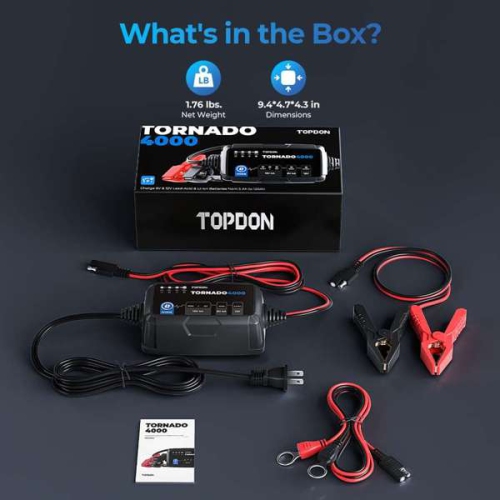 Topdon Tornado 4000C 4A battery charger, battery maintainer, trickle charger, battery desulfator, and DC power supply