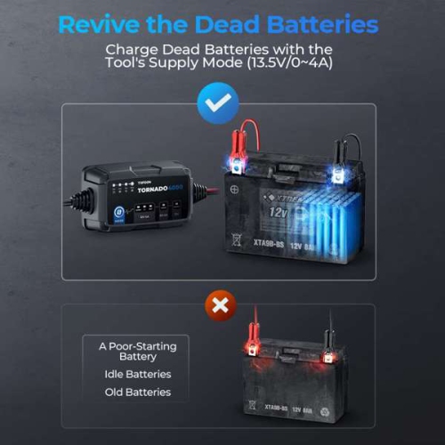 Topdon Tornado 4000C 4A battery charger, battery maintainer, trickle charger, battery desulfator, and DC power supply