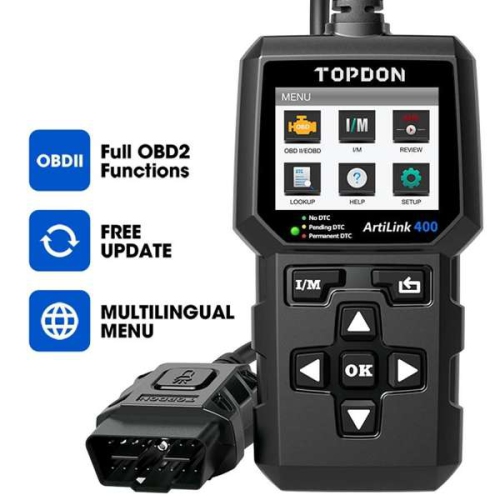Topdon Artilink 400. OBD2 scanner clears codes, resets the check engine light, resets monitor, checks emissions systems