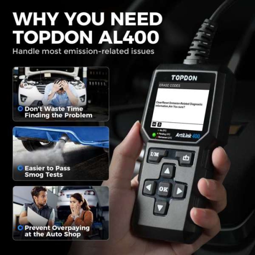 Topdon Artilink 400. OBD2 scanner clears codes, resets the check engine light, resets monitor, checks emissions systems