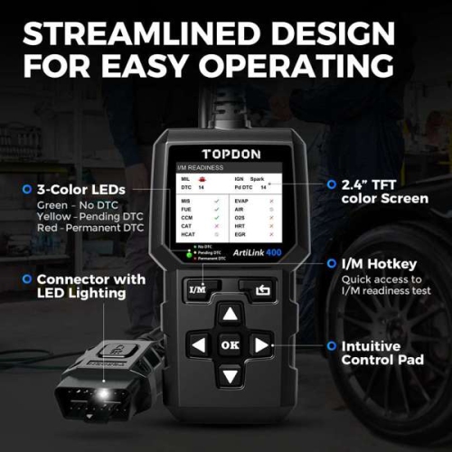 Topdon Artilink 400. OBD2 scanner clears codes, resets the check engine light, resets monitor, checks emissions systems
