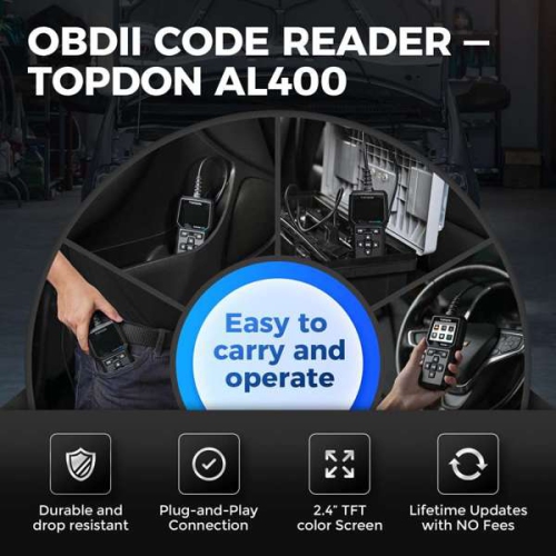 Topdon Artilink 400. OBD2 scanner clears codes, resets the check engine light, resets monitor, checks emissions systems