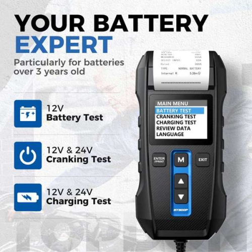 Topdon BT300P, 12V lead-acid vehicle battery tester with a Built-in Printer
