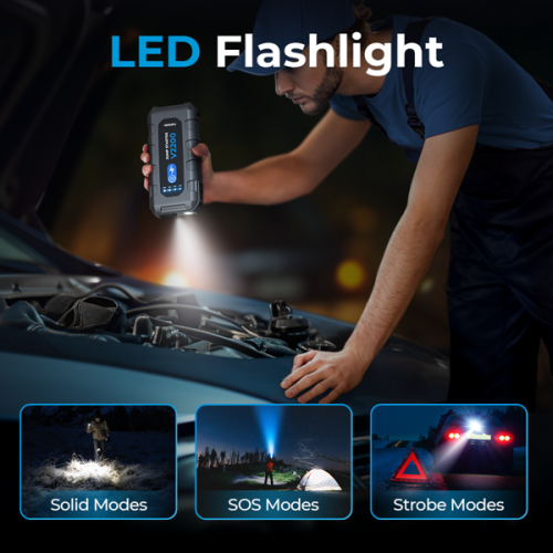 Topdon V2200, 2200 Peak Amp Car Jump Starter, Power Bank, & Flashlight