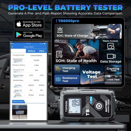Topdon TB6000Pro 2-in-1 6A Battery Charger & Battery Tester with App