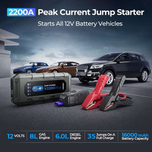 Topdon Car Battery Jump Starter and Battery Tester 2200A Peak Battery Jump Starter V2200Plus for Up to 8L Gas/6L Diesel Engines 12V Portable Battery