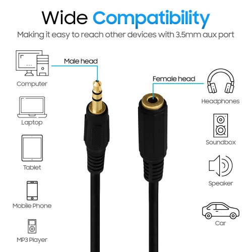 Cmple - Headphone Extension Cable, 3.5mm Jack Extension Male to Female Stereo Audio Adapter Cord, 1/8 TRS Aux Extender Cable - 50 Feet, Black