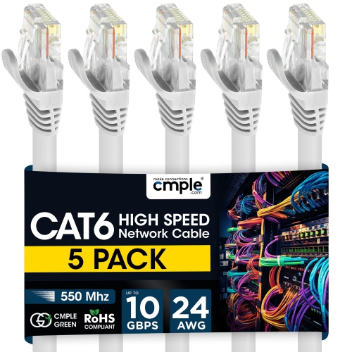 Cmple – Paquet de 5 câbles Ethernet Cat6, câble réseau Internet haute vitesse 5&nbsp;pi Cat6, câbles de raccordement Ethernet, câble réseau