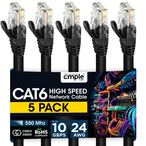 Cmple - 5 Pack Cat6 Ethernet Cable, High Speed 7 ft Cat6 Internet Network Cable, Ethernet Patch Cables, Computer LAN Cable with Snagless RJ45