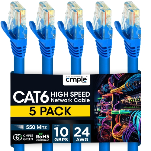 Cmple – Paquet de 5 câbles Ethernet Cat6, câble réseau Internet haute vitesse 15&nbsp;pi Cat6, câbles de raccordement Ethernet, câble LAN
