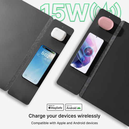 Tapis de chargement sans fil Burotic, tapis réversible en feutre et en cuir végétalien, panneau magnétique amovible, compatible Apple et Android -