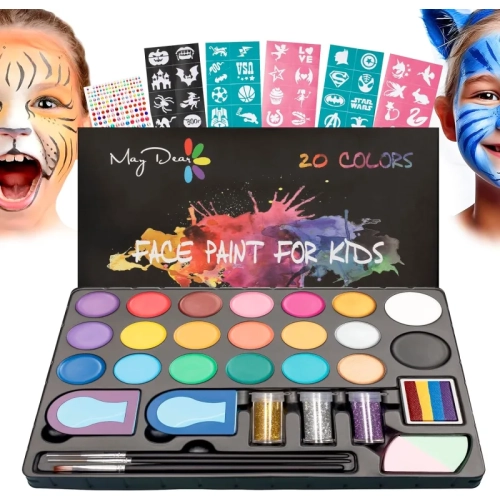 Face Painting Kit for Kids – 20-Color Water-Based Makeup Palette with Stencils, Glitter, Rainbow Split Cake & Hair Dye Clips, Safe for Parties &