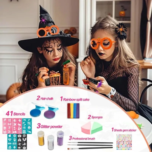Face Painting Kit for Kids – 20-Color Water-Based Makeup Palette with Stencils, Glitter, Rainbow Split Cake & Hair Dye Clips, Safe for Parties &
