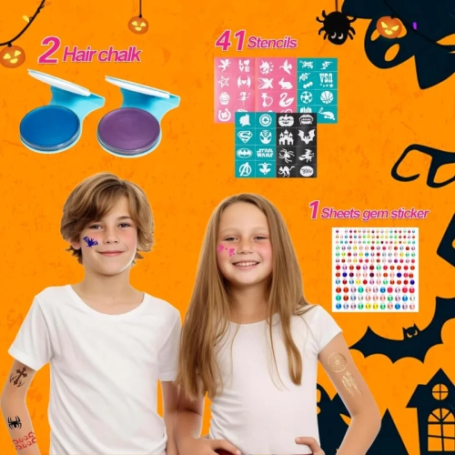 Face Painting Kit for Kids – 20-Color Water-Based Makeup Palette with Stencils, Glitter, Rainbow Split Cake & Hair Dye Clips, Safe for Parties &