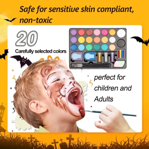 Face Painting Kit for Kids – 20-Color Water-Based Makeup Palette with Stencils, Glitter, Rainbow Split Cake & Hair Dye Clips, Safe for Parties &