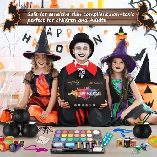 Face Painting Kit for Kids – 20-Color Water-Based Makeup Palette with Stencils, Glitter, Rainbow Split Cake & Hair Dye Clips, Safe for Parties &