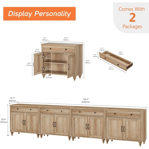 WAMPAT Farmhouse TV Stand for 85 inch TV with 8 Doors and 4 Drawers, Wood Entertainment Center with Storage Cabinets for Living Room, Bedroom, Oak