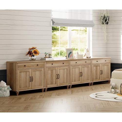 WAMPAT Farmhouse TV Stand for 85 inch TV with 8 Doors and 4 Drawers, Wood Entertainment Center with Storage Cabinets for Living Room, Bedroom, Oak