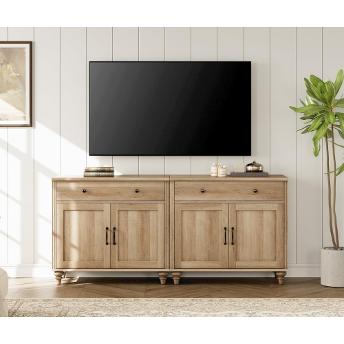 WAMPAT Farmhouse TV Stand for 85 inch TV with 8 Doors and 4 Drawers, Wood Entertainment Center with Storage Cabinets for Living Room, Bedroom, Oak