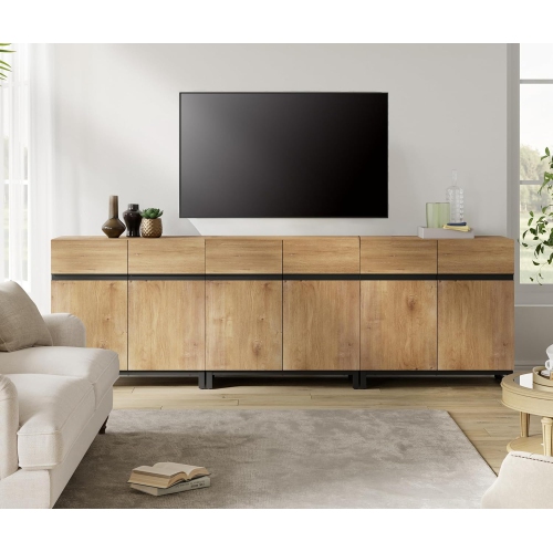Image 1 of 8.. WAMPAT Modern TV Stand for TVs up to 110 inch, 3 in 1 Wood Entertainment Center TV Console Table with Adjustable Shelves for Living Room,Bedroom,Oak
