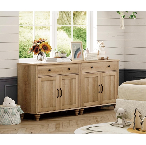 Meuble moderne WAMPAT pour téléviseur jusqu'à 75&nbsp;po, meuble en bois pour téléviseur avec 4 portes et 2 tiroirs, chêne