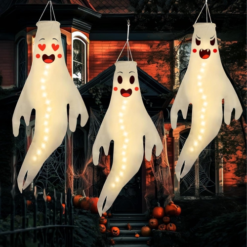 3pcs Halloween Ghost Windsocks, Hanging Ghost Windsocks with Led Light for Halloween Outdoor Decoration