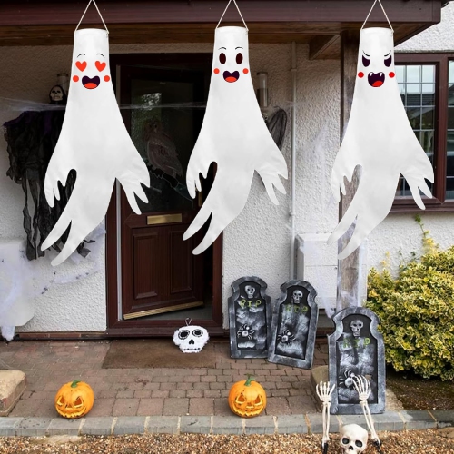 3pcs Halloween Ghost Windsocks, Hanging Ghost Windsocks with Led Light for Halloween Outdoor Decoration