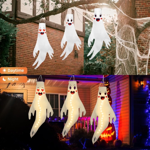 3pcs Halloween Ghost Windsocks, Hanging Ghost Windsocks with Led Light for Halloween Outdoor Decoration