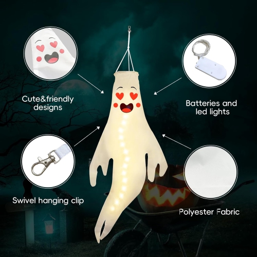 3pcs Halloween Ghost Windsocks, Hanging Ghost Windsocks with Led Light for Halloween Outdoor Decoration