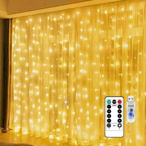 NONE Fairy Curtain Lights for Bedroom 300 Led, Christmas String Lights USB Plug In 8 Modes With Remote Control for Wedding Party Decor Warm White (9.8X9.8Ft), Warm White