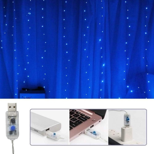 Fairy Curtain Lights for Bedroom 300 LED, Christmas String Lights USB Plug in 8 Modes with Remote Control for Wedding Party Decor Warm White,Blue