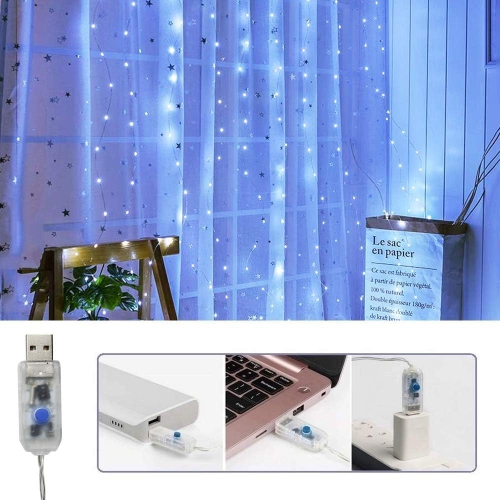 Fairy Curtain Lights for Bedroom 300 LED, Christmas String Lights USB Plug in 8 Modes with Remote Control for Wedding Party Decor Warm White,White