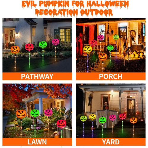 Paquet de 6 lampes solaires citrouille sur piquet multicolores pour décorations d'Halloween extérieur extérieur cour étanche Halloween
