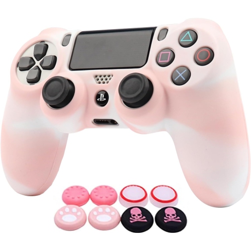 Habillages de manette pour PS4, habillage de manette en silicone compatible/manette PS4 Slim/PS4 Pro avec 2 capuchons antidérapants, rose blanc