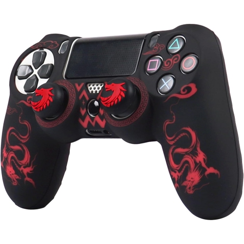 Controller Skins for PS4, Silicone Controller Cover Skin Protector Compatible /PS4 Slim/PS4 Pro Controller with 2 Cute Thumb Grips Caps,Black Red