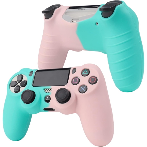 Controller Skins for PS4, Silicone Controller Cover Skin Protector Compatible /PS4 Slim/PS4 Pro Controller with 2 Cute Thumb Grips Caps,Greenish Pink
