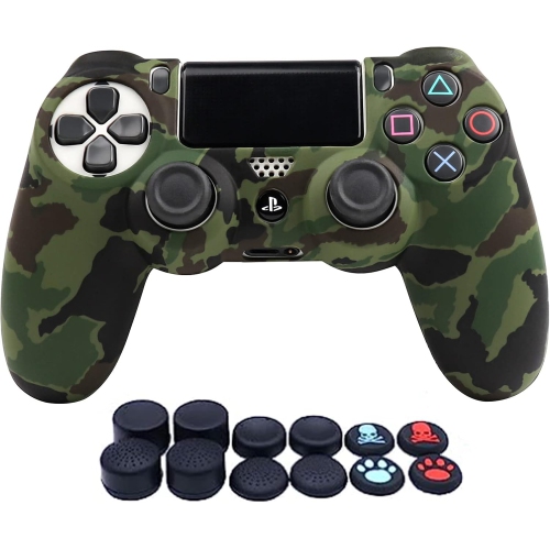 Controller Skins for PS4, Silicone Controller Cover Skin Protector Compatible /PS4 Slim/PS4 Pro Controller with 2 Cute Thumb Grips Caps,Military Green